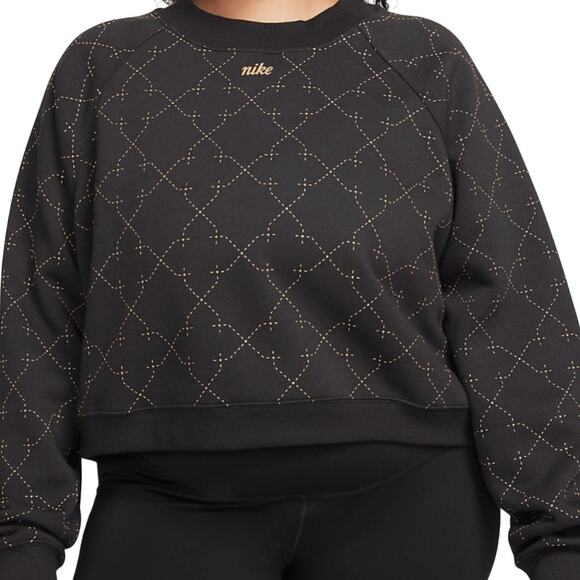 Nike Women’s Large Cropped Sweatshirt Black Gold Diamond Stitch Pullover Crew - Picture 1 of 8